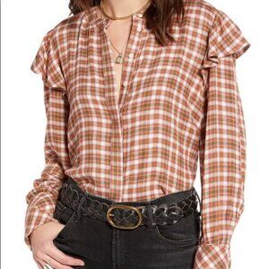 Treasure & Bond Burnt Orange Plaid Ruffle Bell Sleeve Shirt S